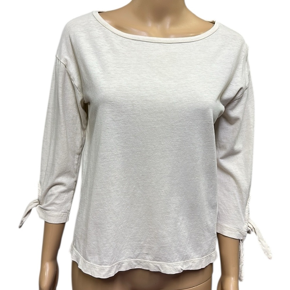Madewell Cotton Linen Blend Tie Cuff 3 Quarter Sleeve Cream Boat Neck Tee Small